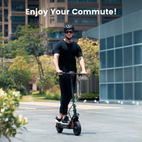 iScooter i10 Pro 800W folding commuter electric scooter: 48V peak 800W brushless rear-wheel-drive motor, 28 mph top speed, 720Wh battery, 10-inch pneumatic road tires, EBAS front plus double drum rear brakes, front and rear suspension, IP54, dedicated iScooter app, 53.9 lb folded