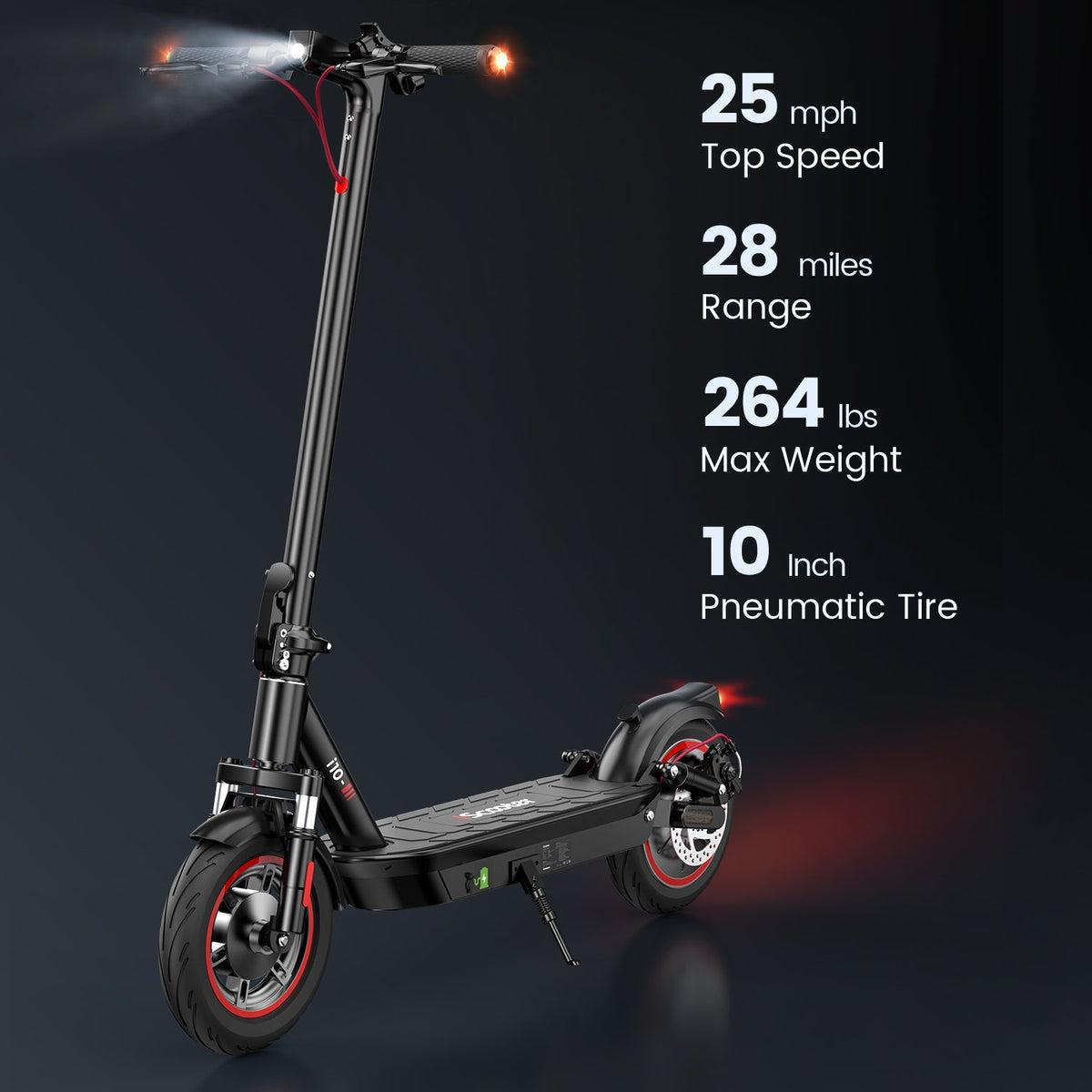 iScooter i10 mid-tier folding commuter electric scooter: 42V peak 650W brushless motor, 25 mph, 4 speed modes, 10-inch pneumatic tires, EBAS front brake plus rear disc, front and rear suspension, IP54, iScooter app, 44 lb net, 264 lb max load