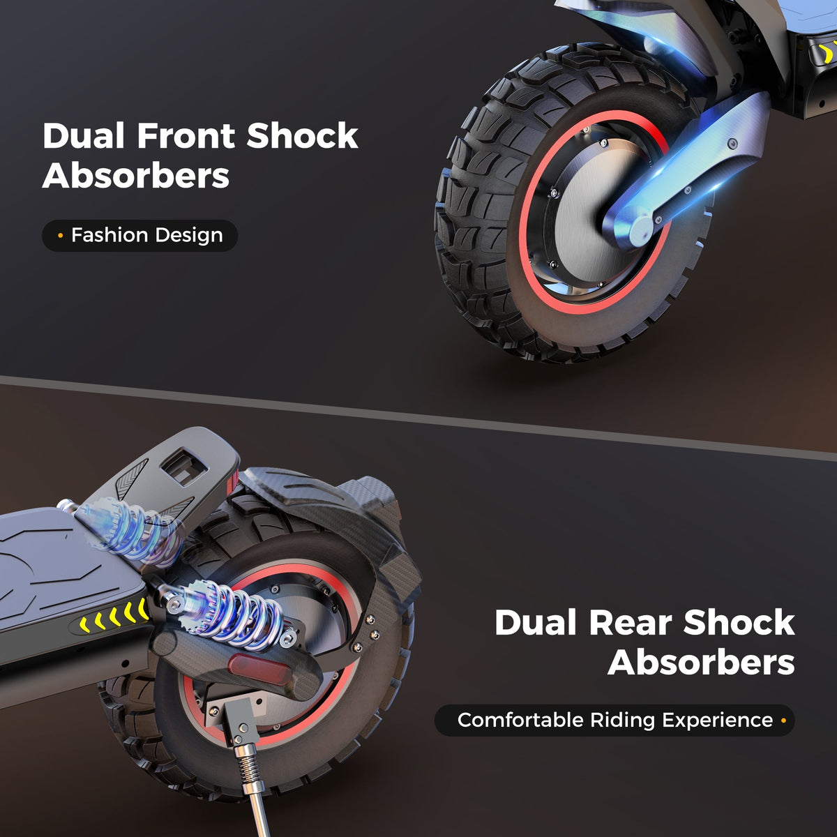 iScooter iX7 Pro dual-motor off-road folding electric scooter: dual 1200W motors (2400W peak combined), 38 mph top speed, 720Wh battery, 10-inch tubeless off-road tires, dual suspension, EABS plus double disc brakes, turn lights, ambient lights, 65.5 lb folded, 330 lb max load