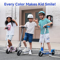 Helmeted children standing with five colors of the isinwheel S4 scooter