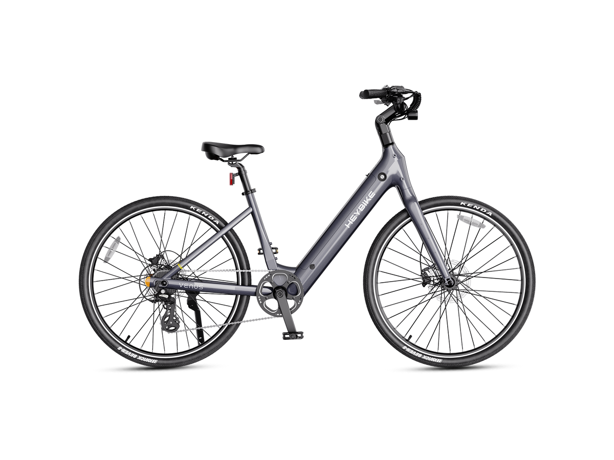 Heybike Venus lightweight step-thru cruiser electric bike: 750W Galaxy hub motor (1400W peak), 70 Nm torque, 28 mph Class 2/3 switchable, 27.5x2.2 Kenda road tires, aluminum-alloy low-step frame, Shimano Altus 8-speed, hydraulic discs, UL 2849 + UL 2271