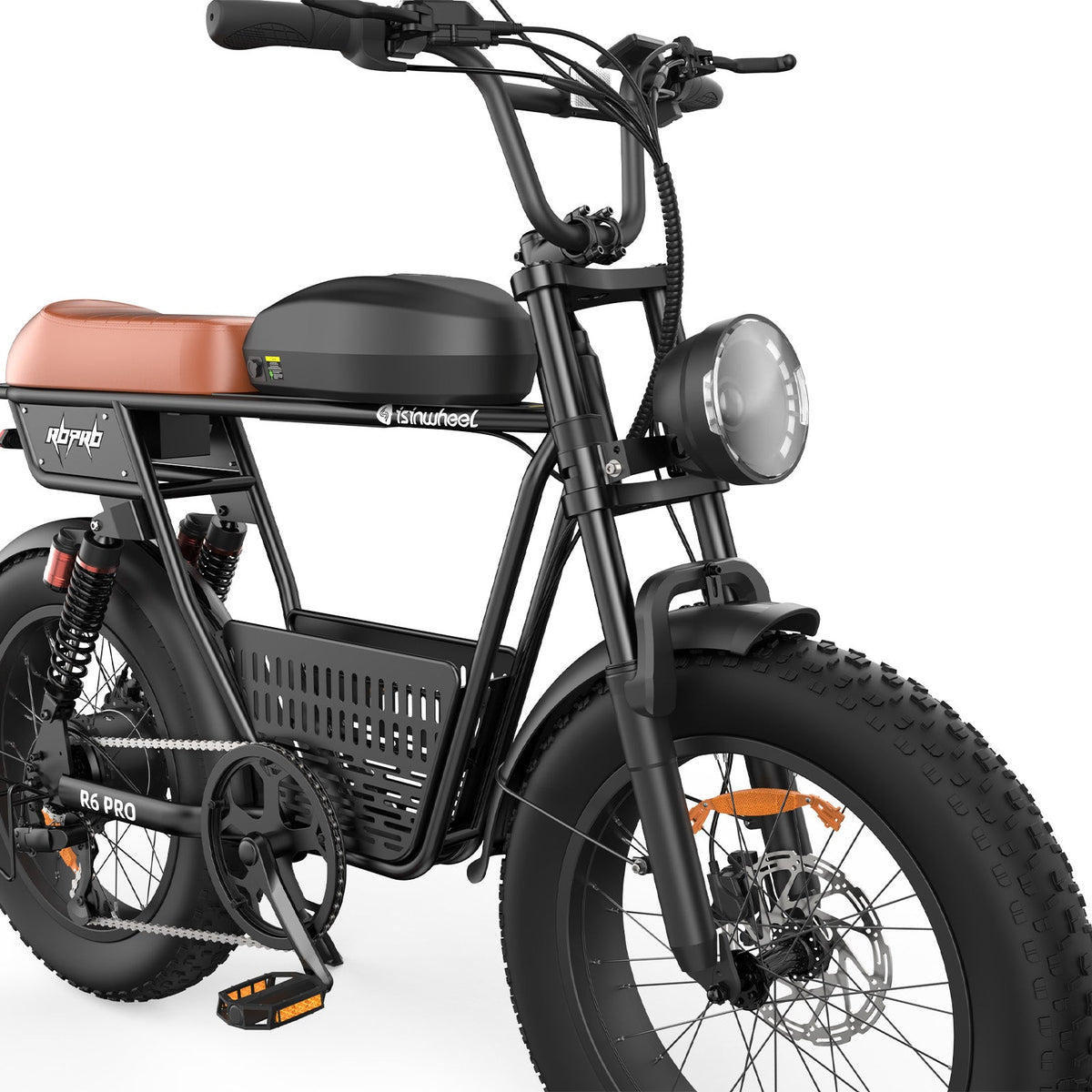 Front three-quarter close-up of the R6 Pro showing the round headlight, the dual-crown fork, the brown saddle, the moped-style tank cover, and the integrated cargo basket