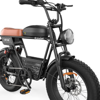 Front three-quarter close-up of the R6 Pro showing the round headlight, the dual-crown fork, the brown saddle, the moped-style tank cover, and the integrated cargo basket