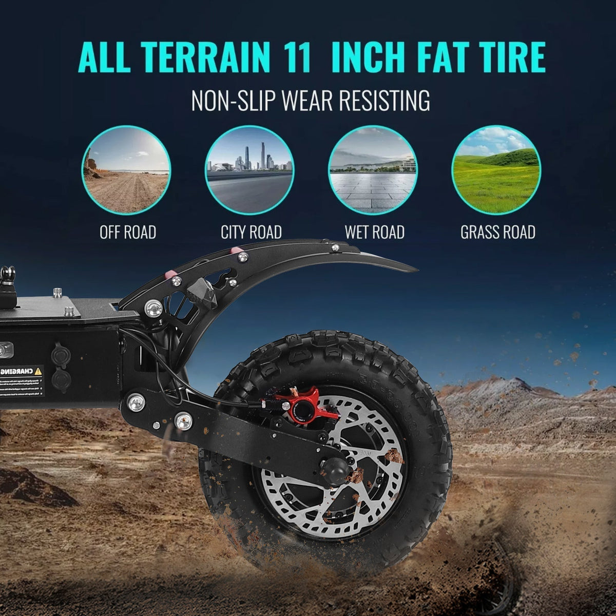 Freeboy J30 MAX knobby rear tire and disc brake close-up on dirt graphic