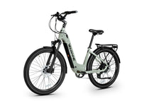 Light Green Velowave Breeze T front three-quarter view with suspension fork and rack