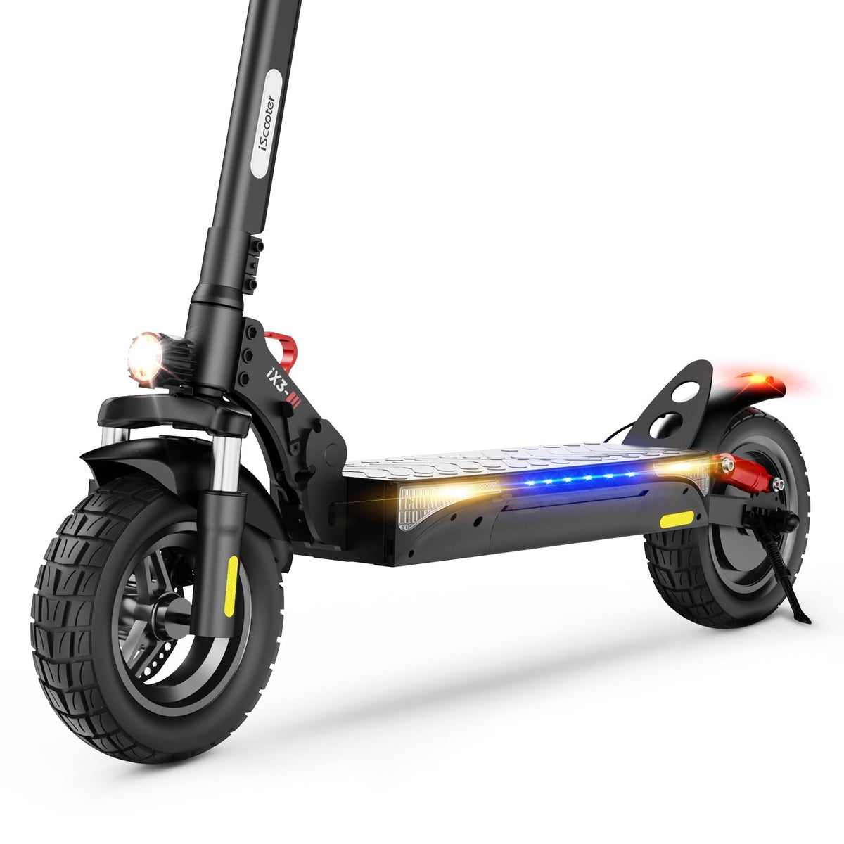 iScooter iX3 800W budget off-road folding electric scooter: 48V peak 800W brushless rear motor, 24 mph, 720Wh battery, 10-inch off-road pneumatic tires, dual disc + E-ABS, dual suspension, turn signal indicator, 52.2 lb folded, IPX4