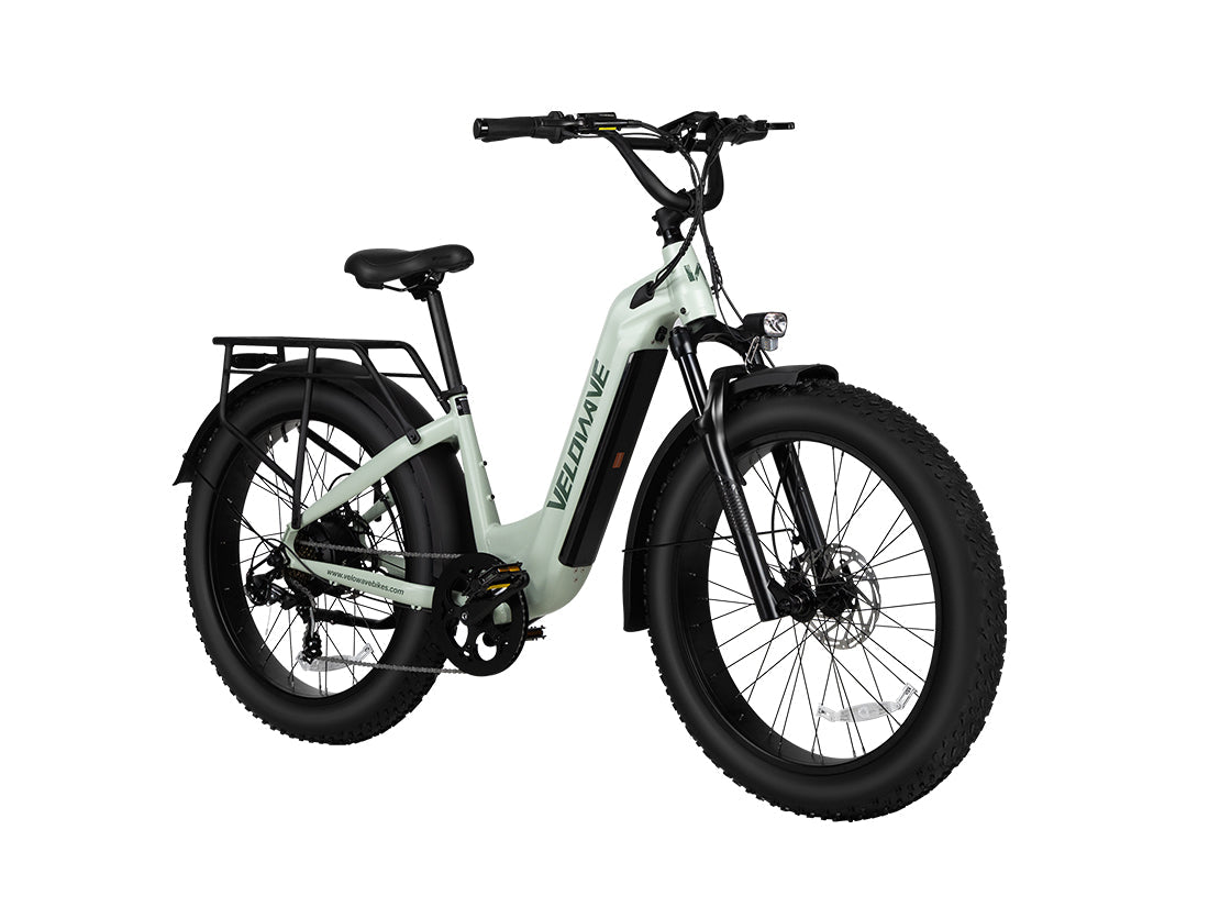 Pale-green Velowave Ranger Step-Thru 3.0 studio front three-quarter view