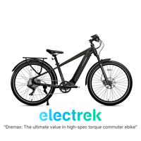 Graphite black Dremax step-over commuter e-bike shown in profile with rack and fenders.