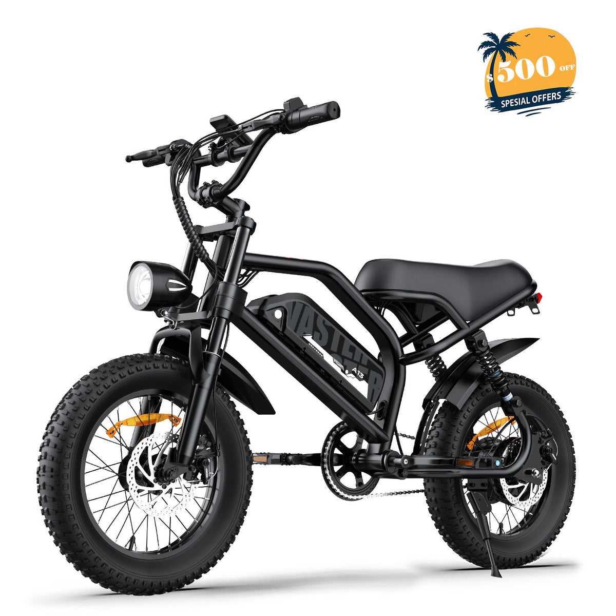 AVDL A13 black 16-inch fat-tire electric bike, three-quarter studio view