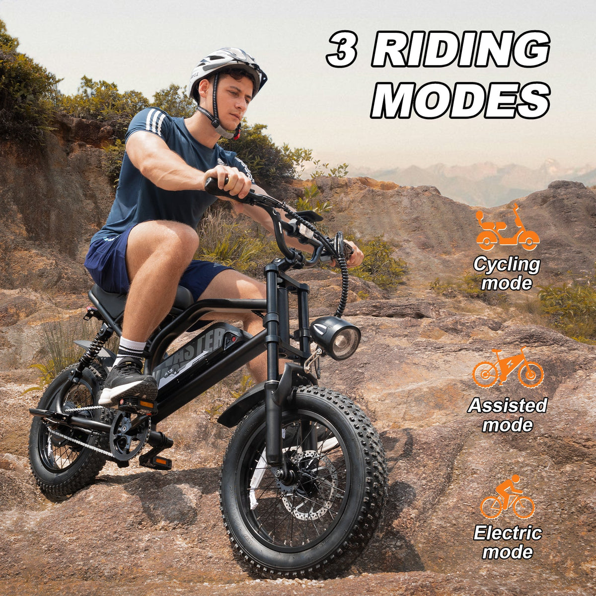 Rider on AVDL A13 black compact fat-tire electric bike with riding-mode graphic