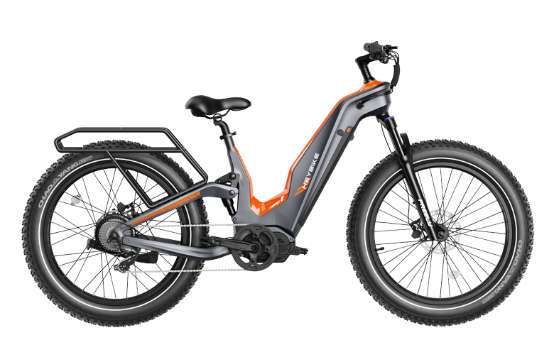 Heybike Hero carbon-fiber full-suspension fat-tire electric mountain bike with two motor configurations (1000W rear hub or 750W mid-drive with torque sensor), step-thru or step-over frame geometry, Shimano 9-speed gearing, hydraulic disc brakes, and UL 2849 certified electrical system