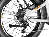Heybike Alpha 500W mid-drive fat-tire all-terrain electric bike with a torque-plus-cadence sensor, Shimano Altus 8-speed drivetrain, hydraulic disc brakes, 26 by 4 inch fat tires, reinforced aluminum frame in step-through (Pearl White) or step-over (Galaxy Black) configuration, 680Wh battery, and UL 2849 certified electrical system