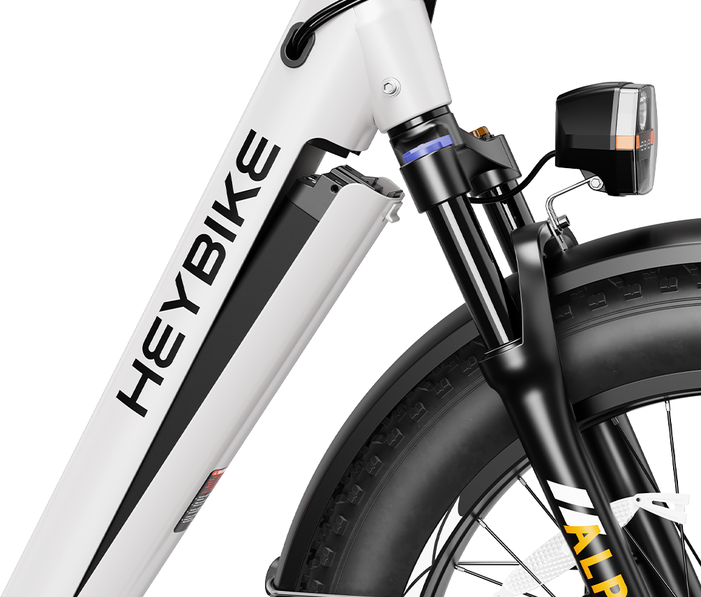 Heybike Alpha 500W mid-drive fat-tire all-terrain electric bike with a torque-plus-cadence sensor, Shimano Altus 8-speed drivetrain, hydraulic disc brakes, 26 by 4 inch fat tires, reinforced aluminum frame in step-through (Pearl White) or step-over (Galaxy Black) configuration, 680Wh battery, and UL 2849 certified electrical system