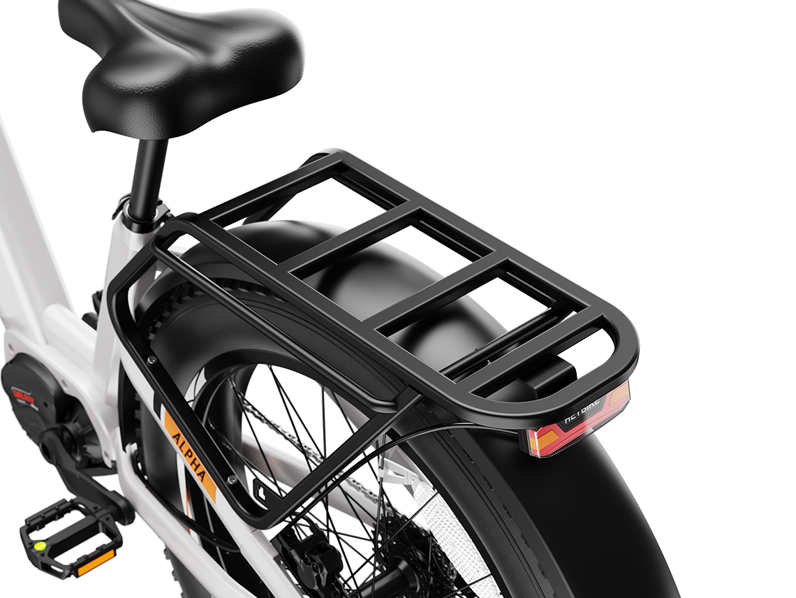 Heybike Alpha 500W mid-drive fat-tire all-terrain electric bike with a torque-plus-cadence sensor, Shimano Altus 8-speed drivetrain, hydraulic disc brakes, 26 by 4 inch fat tires, reinforced aluminum frame in step-through (Pearl White) or step-over (Galaxy Black) configuration, 680Wh battery, and UL 2849 certified electrical system