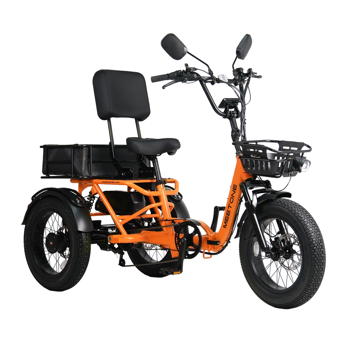 Orange Meet One Breeze Pro 2.0 front three-quarter studio view showing the step-thru frame, backrest seat, mirrors, and rear cargo basket.
