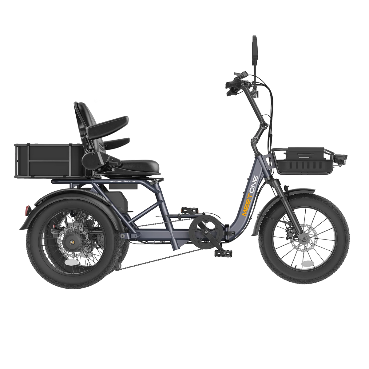 Meet One Breeze 2.0 folding full-suspension semi-recumbent electric trike: 750W rear motor, 18-inch fat tires, carbon steel frame, parking brake, reverse mode, UL 2849 certified by SGS, 450 lb max load