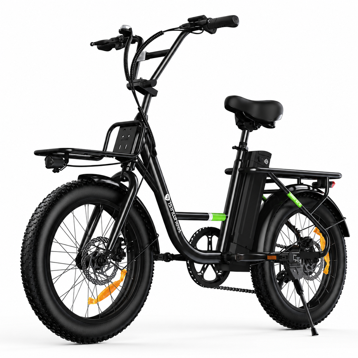 Front three-quarter studio view of the black isinwheel U7 step-through cargo bike with the green frame stripe and the front rack visible