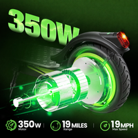 isinwheel S9 Pro 350W motor feature graphic with 19-mile range and 19 mph top-speed call-outs over an illuminated motor cutaway