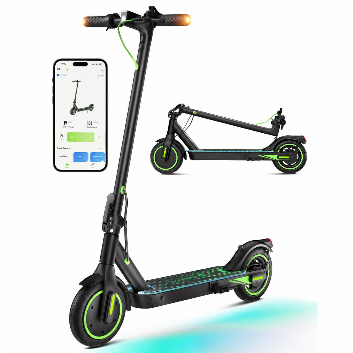 isinwheel S9 Pro budget commuter electric scooter with green deck accents, illuminated multi-color deck light, and a folded inset, shown beside the isinwheel Club app screen