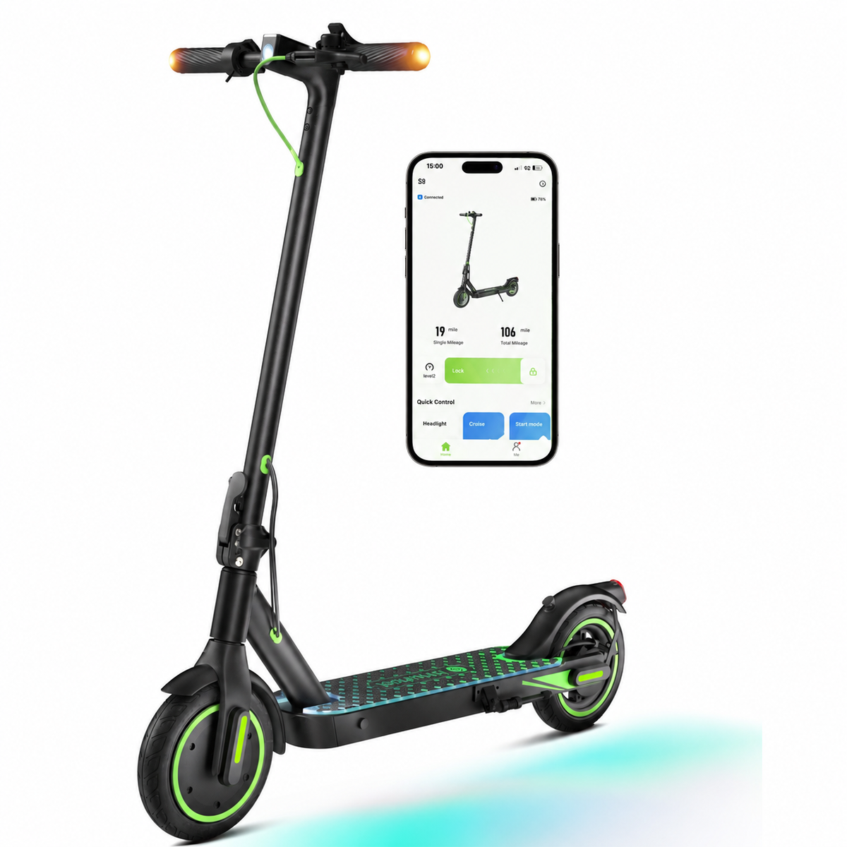 Front three-quarter studio view of the isinwheel S9 Pro electric scooter with green wheel accents, the multi-color glowing deck active, and the isinwheel Club app on a phone