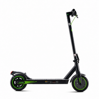 Side profile of the isinwheel S9 Pro in studio lighting showing the full unfolded scooter with green wheel accents and a green deck stripe