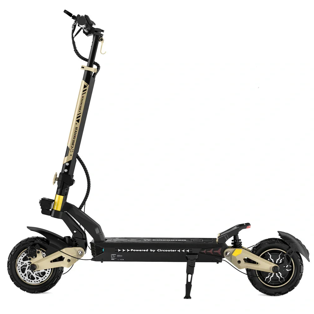 Circooter Cruiser Pro 2400W dual-motor off-road electric scooter with 11-inch pneumatic off-road tires, dual hydraulic suspension front and rear, hydraulic disc brakes, extra-wide deck, UL 2272 certified electrical system, and a 38 mph top-speed claim