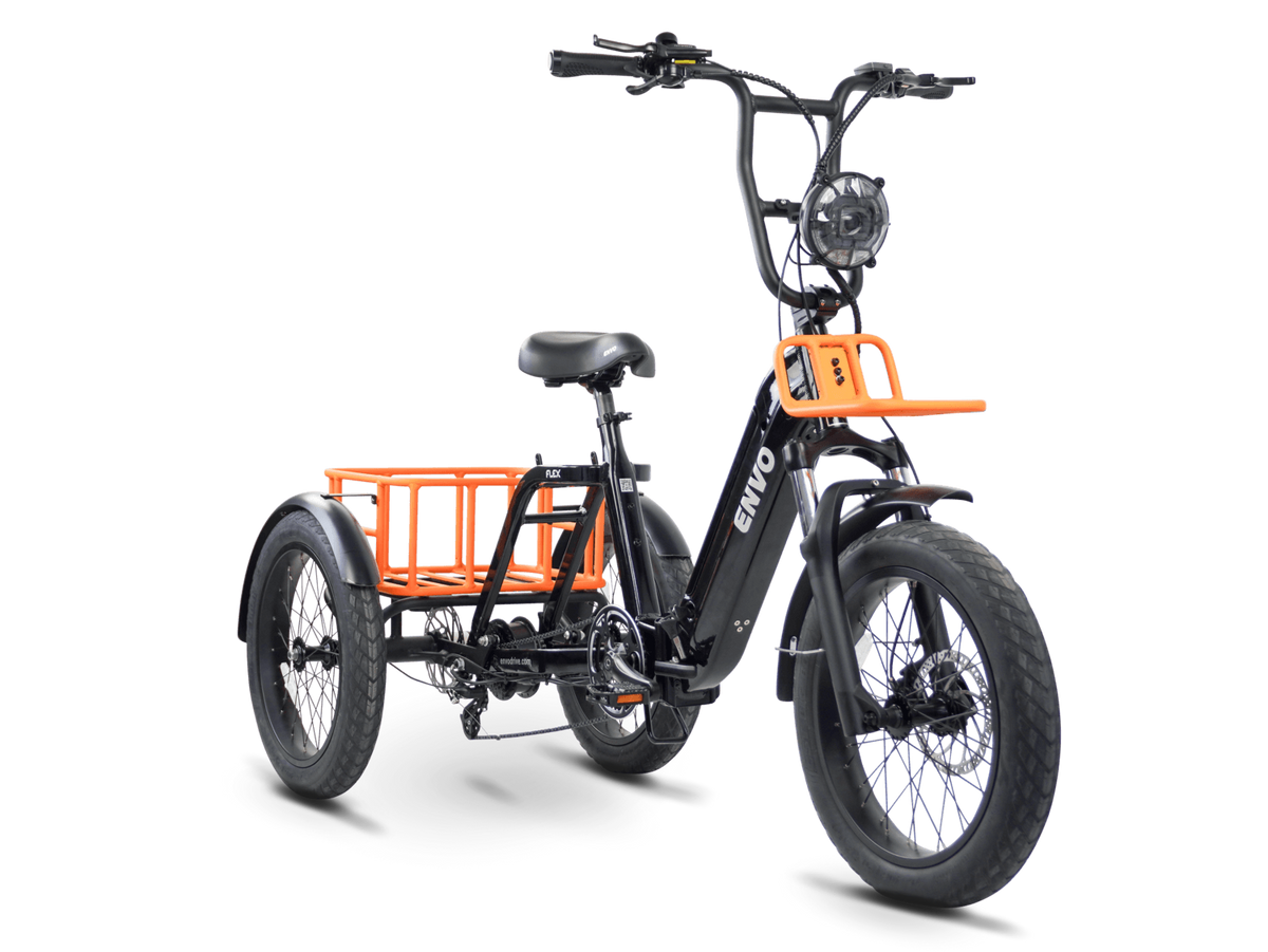ENVO Flex Trike shown from the left side with its step-through frame and rear axle.