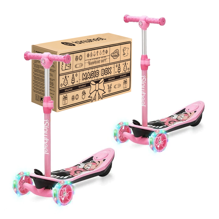 isinwheel Long Range 3-wheel kids electric scooter shown with the multi-color LED flashing wheels and the cartoon deck graphic, available in pink or blue with sibling-pair combo options