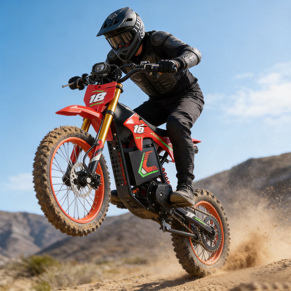 HappyRun F18 motocross-shaped electric dirt bike with a 6000W peak mid-drive motor, 245 Nm of peak torque through a chain drive, knobby off-road tires, full suspension, hydraulic disc brakes with a 190mm rotor, IPX5 water resistance, and a motocross frame in red and black with number plates