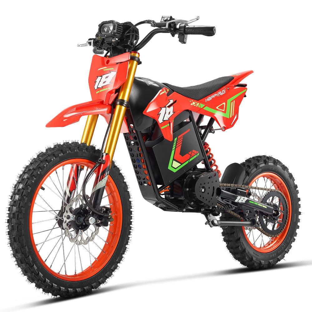 HappyRun F18 motocross-shaped electric dirt bike with a 6000W peak mid-drive motor, 245 Nm of peak torque through a chain drive, knobby off-road tires, full suspension, hydraulic disc brakes with a 190mm rotor, IPX5 water resistance, and a motocross frame in red and black with number plates