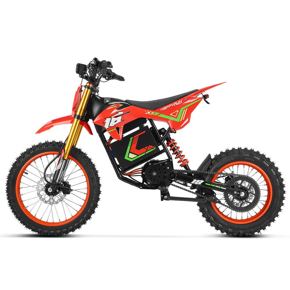 HappyRun F18 motocross-shaped electric dirt bike with a 6000W peak mid-drive motor, 245 Nm of peak torque through a chain drive, knobby off-road tires, full suspension, hydraulic disc brakes with a 190mm rotor, IPX5 water resistance, and a motocross frame in red and black with number plates