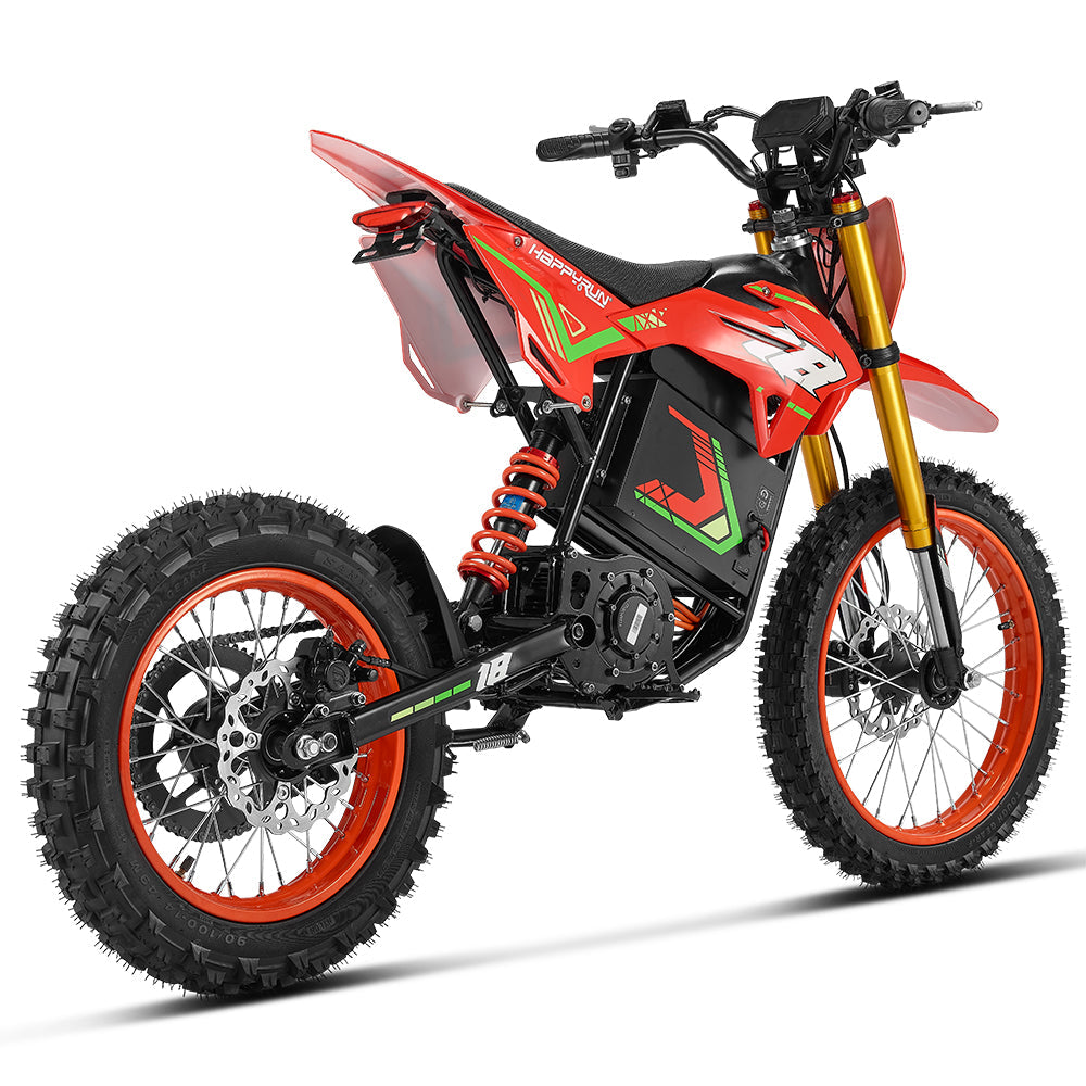 HappyRun F18 motocross-shaped electric dirt bike with a 6000W peak mid-drive motor, 245 Nm of peak torque through a chain drive, knobby off-road tires, full suspension, hydraulic disc brakes with a 190mm rotor, IPX5 water resistance, and a motocross frame in red and black with number plates