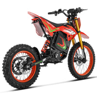 HappyRun F18 motocross-shaped electric dirt bike with a 6000W peak mid-drive motor, 245 Nm of peak torque through a chain drive, knobby off-road tires, full suspension, hydraulic disc brakes with a 190mm rotor, IPX5 water resistance, and a motocross frame in red and black with number plates