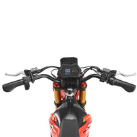 HappyRun F18 motocross-shaped electric dirt bike with a 6000W peak mid-drive motor, 245 Nm of peak torque through a chain drive, knobby off-road tires, full suspension, hydraulic disc brakes with a 190mm rotor, IPX5 water resistance, and a motocross frame in red and black with number plates