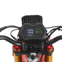HappyRun F18 motocross-shaped electric dirt bike with a 6000W peak mid-drive motor, 245 Nm of peak torque through a chain drive, knobby off-road tires, full suspension, hydraulic disc brakes with a 190mm rotor, IPX5 water resistance, and a motocross frame in red and black with number plates