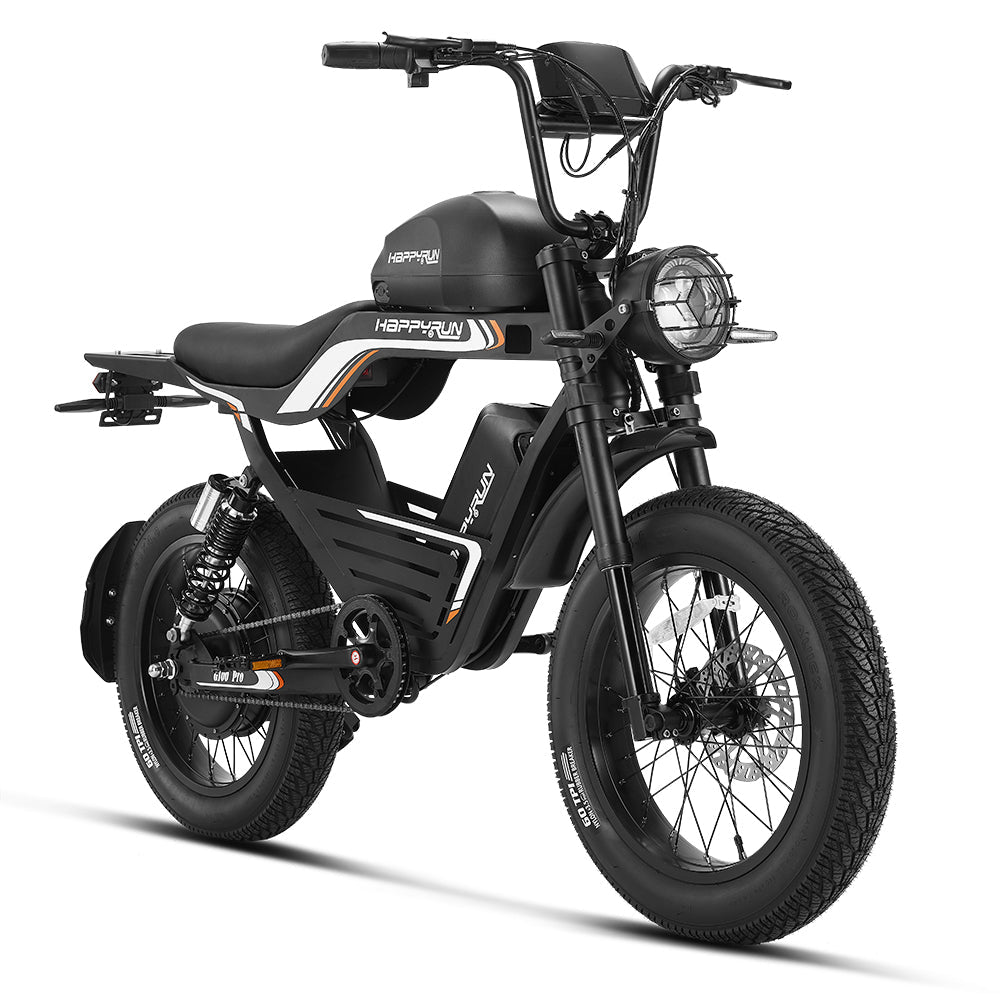 Side profile of the black HappyRun G100 Pro showing the frame, tank shell, mid-mount pedals, dual rear shocks, hydraulic disc rear brake, and rear rack