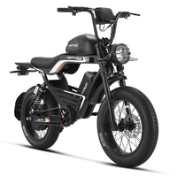 Side profile of the black HappyRun G100 Pro showing the frame, tank shell, mid-mount pedals, dual rear shocks, hydraulic disc rear brake, and rear rack