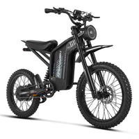 HappyRun G18 Pro Tank adult Tank-format off-road electric dirt bike: 4500W peak motor, 200 Nm torque, 38 mph top speed, 2100Wh battery, 19-inch front and 17-inch rear off-road tires (largest in HappyRun line), hydraulic disc brakes with 203mm rear rotor, carbon steel frame, 33-inch seat, 5'3" to 6'5" rider range, 350 lb max load