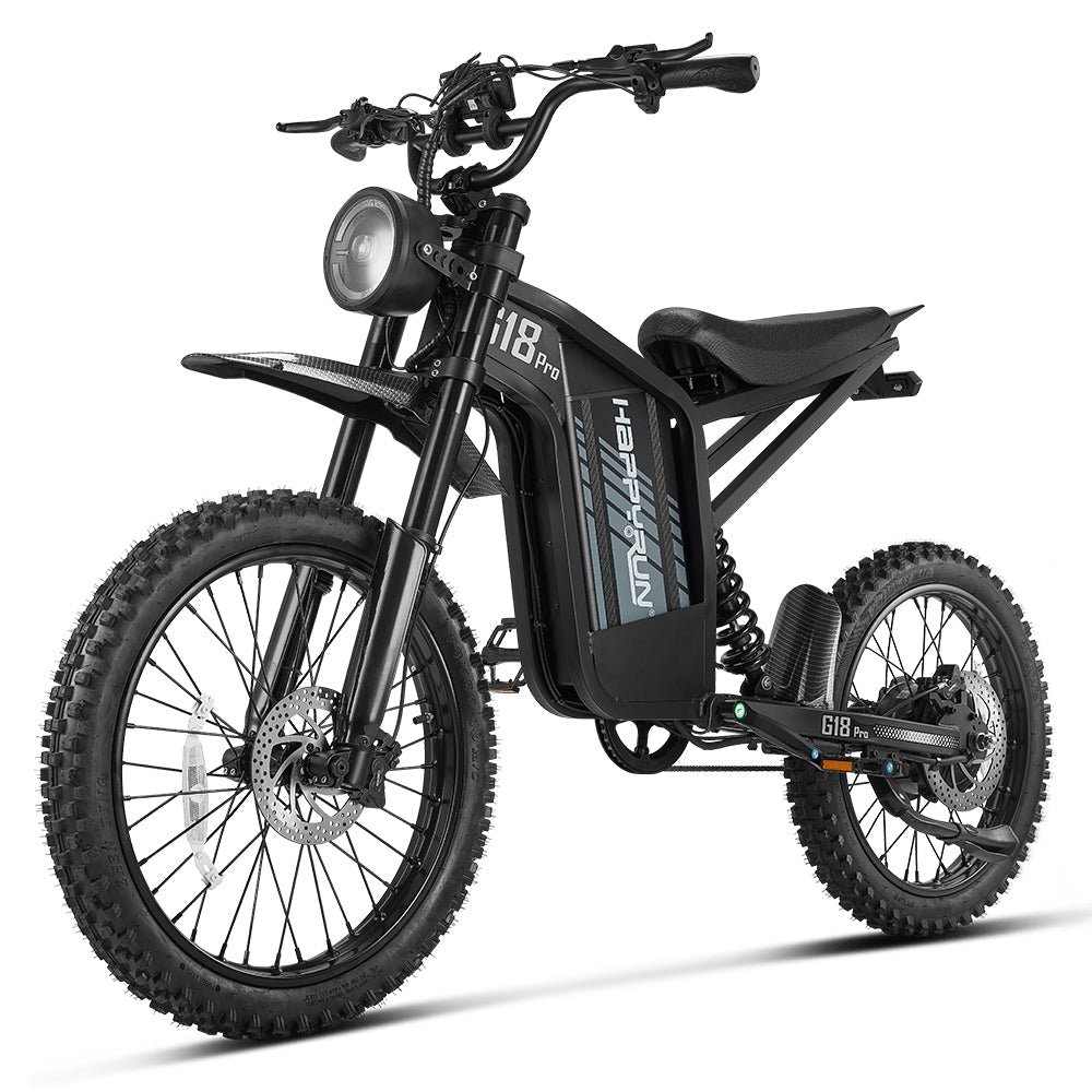 HappyRun G18 Pro Tank adult Tank-format off-road electric dirt bike: 4500W peak motor, 200 Nm torque, 38 mph top speed, 2100Wh battery, 19-inch front and 17-inch rear off-road tires (largest in HappyRun line), hydraulic disc brakes with 203mm rear rotor, carbon steel frame, 33-inch seat, 5'3" to 6'5" rider range, 350 lb max load