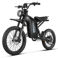 HappyRun G18 Pro Tank adult Tank-format off-road electric dirt bike: 4500W peak motor, 200 Nm torque, 38 mph top speed, 2100Wh battery, 19-inch front and 17-inch rear off-road tires (largest in HappyRun line), hydraulic disc brakes with 203mm rear rotor, carbon steel frame, 33-inch seat, 5'3" to 6'5" rider range, 350 lb max load