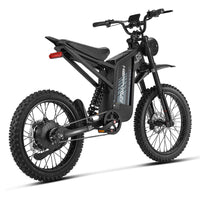HappyRun G18 Pro Tank adult Tank-format off-road electric dirt bike: 4500W peak motor, 200 Nm torque, 38 mph top speed, 2100Wh battery, 19-inch front and 17-inch rear off-road tires (largest in HappyRun line), hydraulic disc brakes with 203mm rear rotor, carbon steel frame, 33-inch seat, 5'3" to 6'5" rider range, 350 lb max load