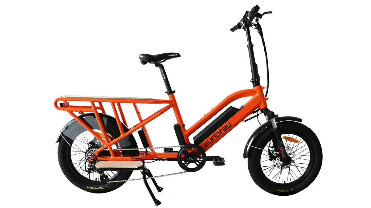 Yellow EUNORAU G30-CARGO 2.0 cargo bike in an outdoor setting