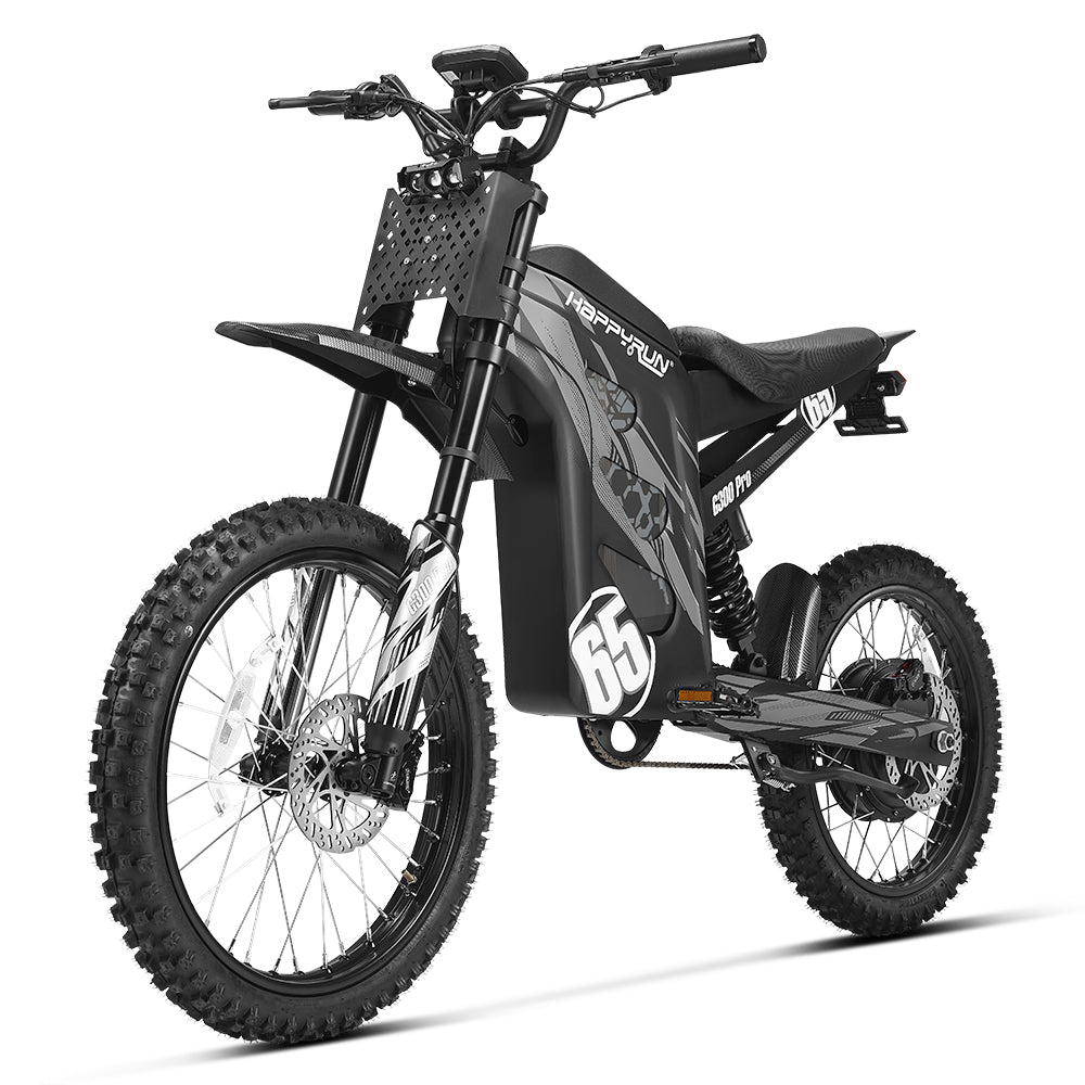 HappyRun G300 Pro 6500W peak motocross-format electric dirt bike: 50 mph top speed, 72V 30Ah battery, hydraulic 180/203mm disc brakes, inverted front fork, carbon steel frame, motocross-format tires, IPX5, off-road use only