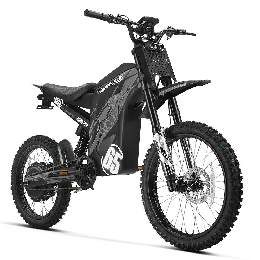 HappyRun G300 Pro 6500W peak motocross-format electric dirt bike: 50 mph top speed, 72V 30Ah battery, hydraulic 180/203mm disc brakes, inverted front fork, carbon steel frame, motocross-format tires, IPX5, off-road use only