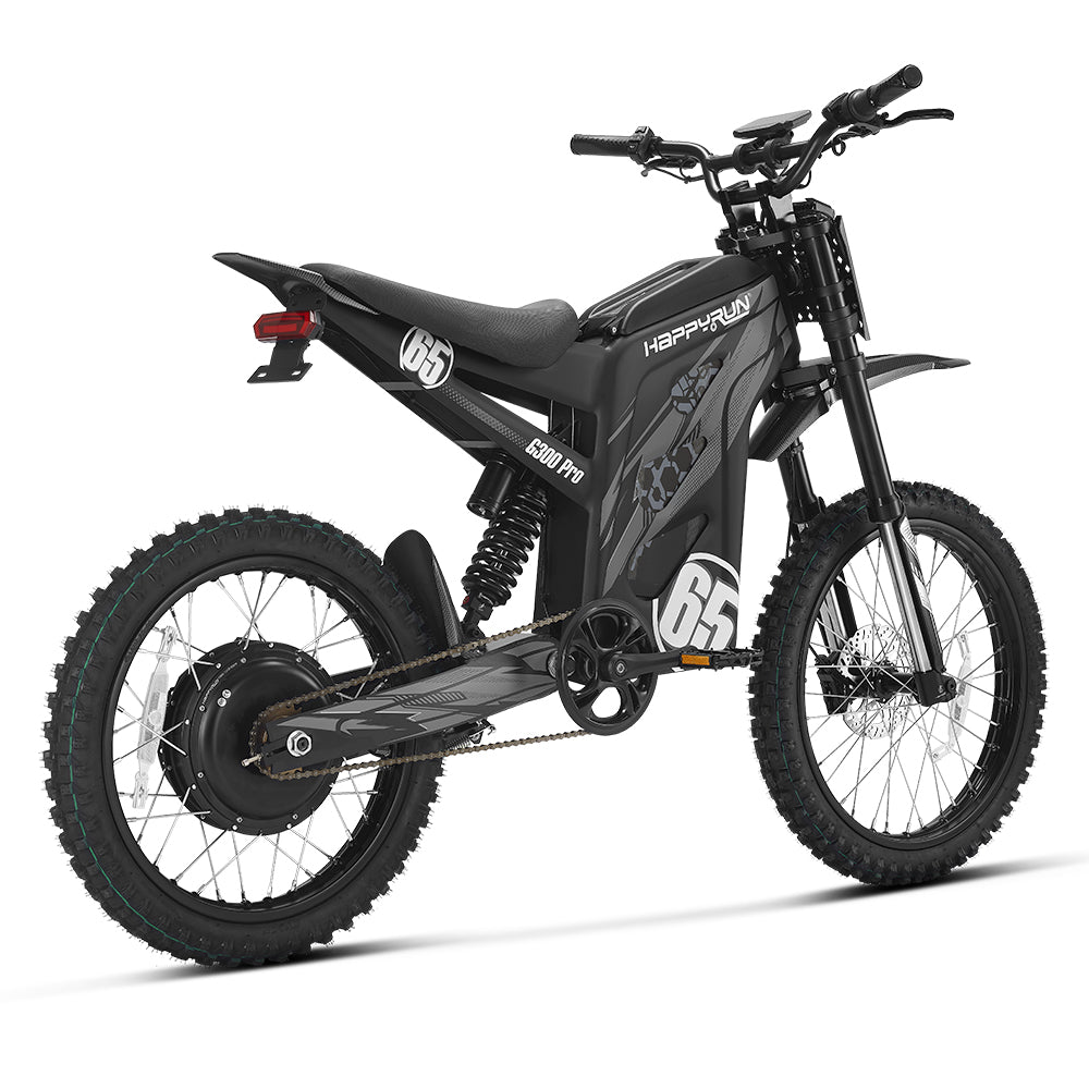 HappyRun G300 Pro 6500W peak motocross-format electric dirt bike: 50 mph top speed, 72V 30Ah battery, hydraulic 180/203mm disc brakes, inverted front fork, carbon steel frame, motocross-format tires, IPX5, off-road use only