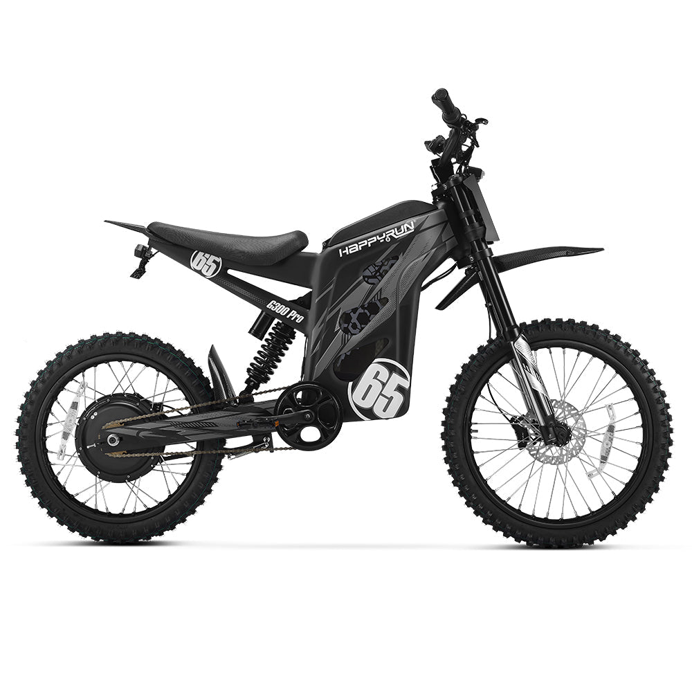 HappyRun G300 Pro 6500W peak motocross-format electric dirt bike: 50 mph top speed, 72V 30Ah battery, hydraulic 180/203mm disc brakes, inverted front fork, carbon steel frame, motocross-format tires, IPX5, off-road use only