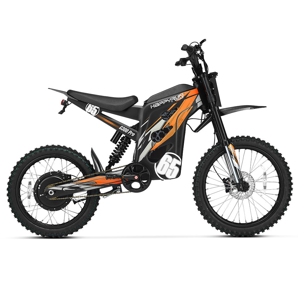 HappyRun G300 Pro 6500W peak motocross-format electric dirt bike: 50 mph top speed, 72V 30Ah battery, hydraulic 180/203mm disc brakes, inverted front fork, carbon steel frame, motocross-format tires, IPX5, off-road use only