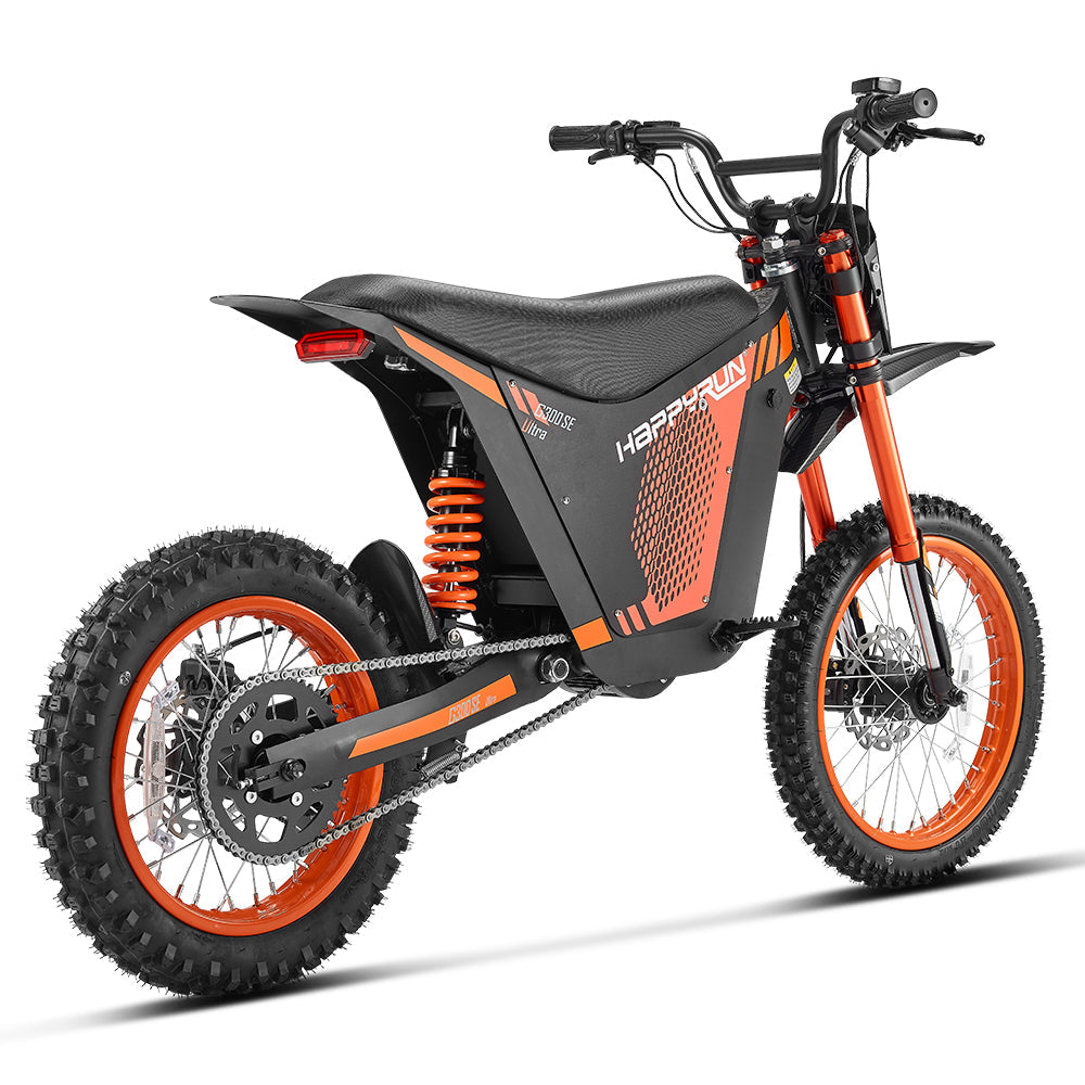 HappyRun G300 SE Ultra full-size mid-drive off-road electric dirt bike: 60V 6000W peak mid-drive motor, 240 Nm torque, 44 mph top speed, 1860Wh battery, hydraulic disc brakes, Pro-Grade Full Suspension, 17-inch front wheel, 31.9-inch seat, 350 lb max load