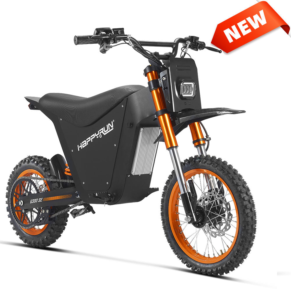 HappyRun G300 SE Mini mid-drive off-road electric dirt bike: 4500W peak mid-drive motor, 36 mph top speed, 1248Wh battery, hydraulic disc brakes with 190mm rotors, full suspension, 29-inch seat, 3'11" to 6'1" rider range, IPX5, carbon steel frame