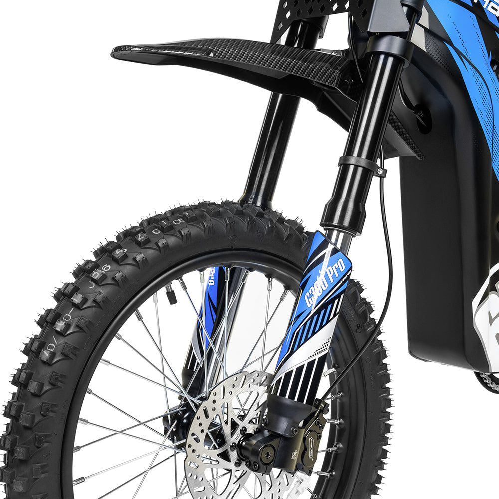 HappyRun G300 Pro 6500W peak motocross-format electric dirt bike: 50 mph top speed, 72V 30Ah battery, hydraulic 180/203mm disc brakes, inverted front fork, carbon steel frame, motocross-format tires, IPX5, off-road use only